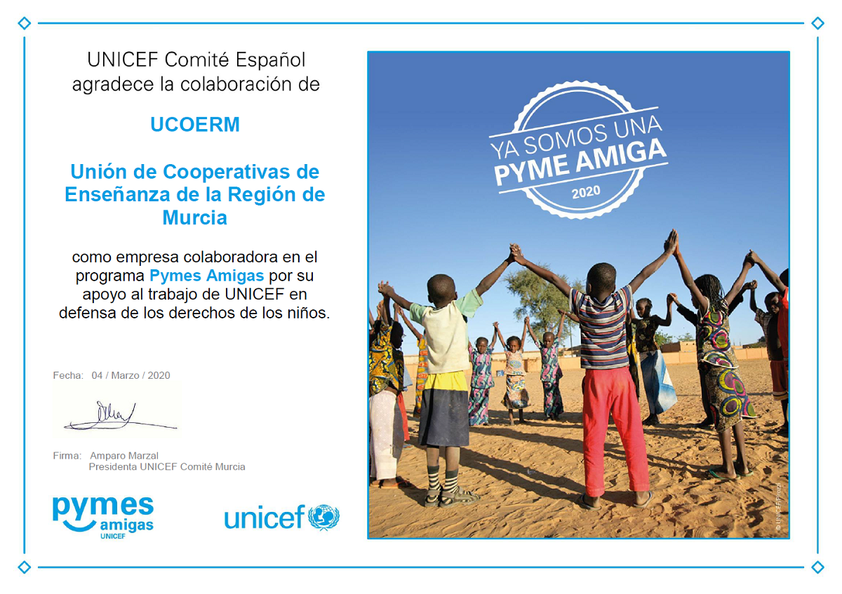 Dimploma que acredita a Ucoerm como Pymes Amigas de UNICEF Comité Español